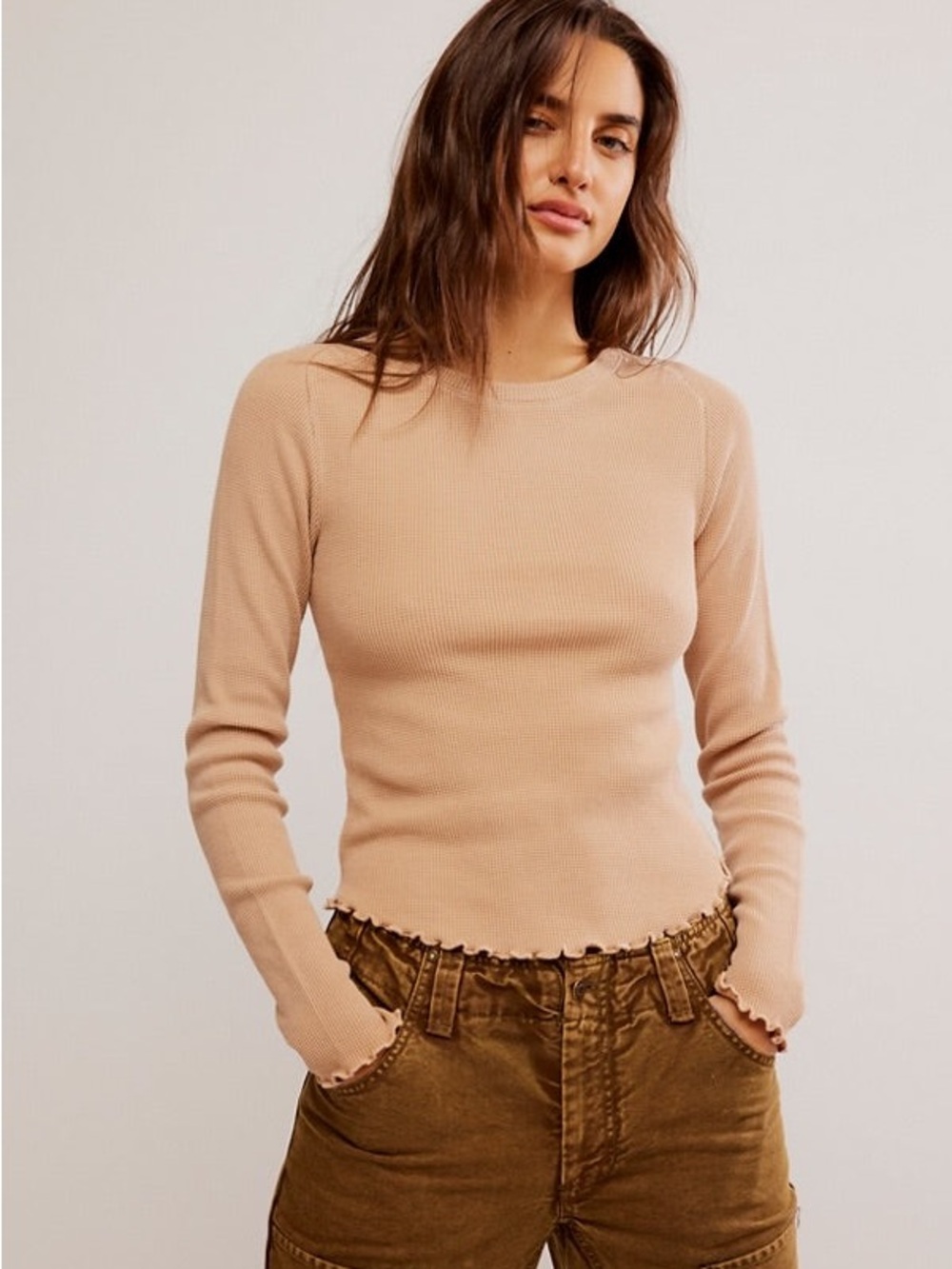 We The Free Easy Does It Thermal Long Sleeve Waffle Knit Top in Light Peach
